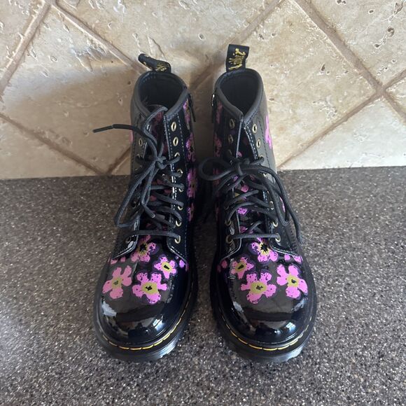 Dr Martens Women's 1460 Boot Pink Pansy Fayre Floral Black Patent Leather Size 5 - Picture 5 of 5